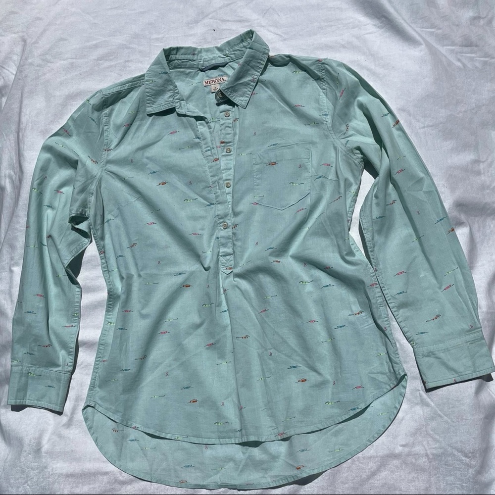 Merona Light Aqua Button-Up Shirt with Multicolor Swimmer Pattern